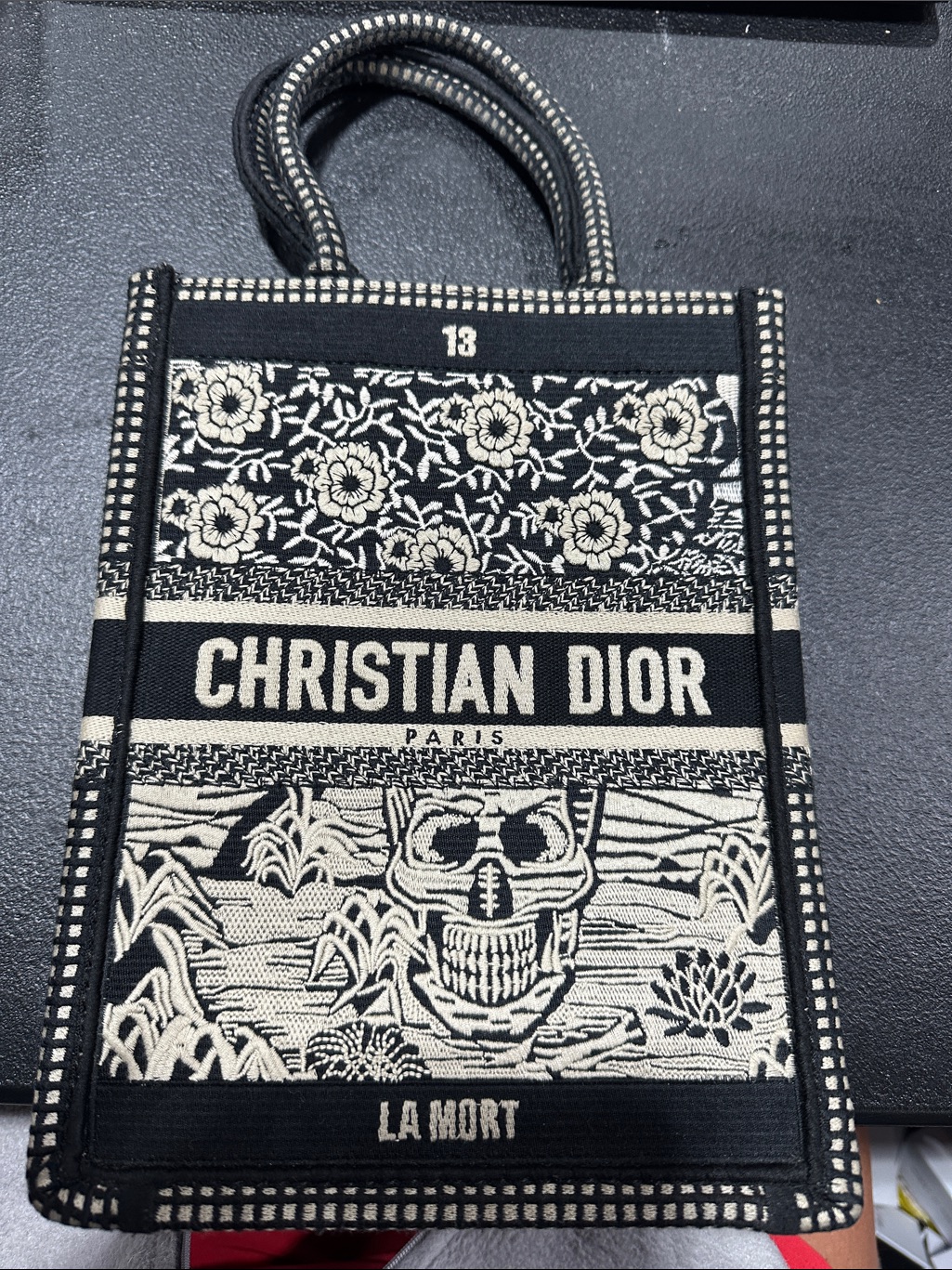 Dior Black And Cream Mini Book Tote - 'Christian Dior' Embroidered